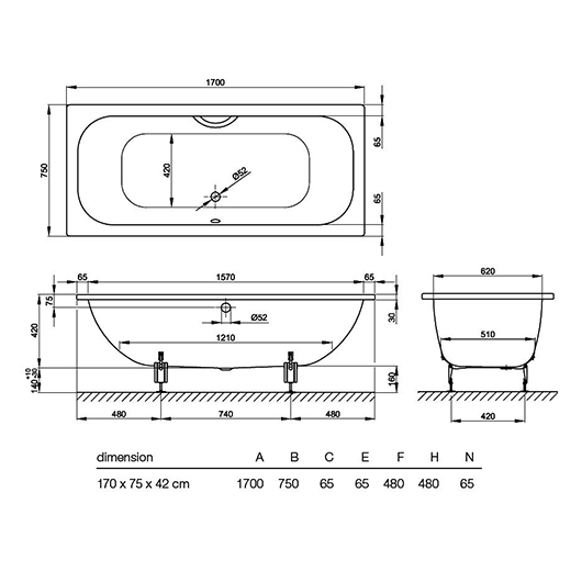 Ванна Bette Duett 3020-000 PLUS (1700х750 мм) шумоизоляция, антигрязевое покрытие