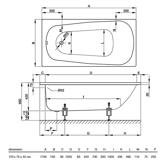 Ванна Bette Form 3710-000 PLUS AD (1700х750 мм) шумоизоляция, антигрязевое покрытие