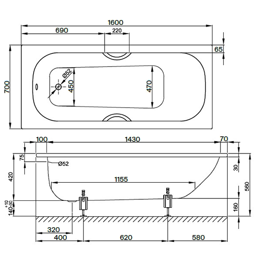 Ванна Bette Form 2942-000 AD AR (1600х700 мм) шумоизоляция, антискользящее покрытие