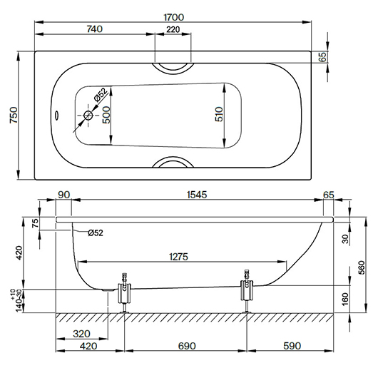 Ванна Bette Form 2947-000 PLUS AD (1700х750 мм) шумоизоляция, антигрязевое покрытие