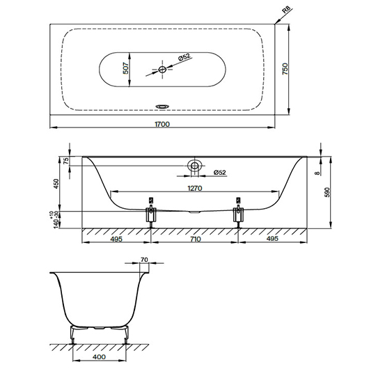 Ванна Bette Lux 3440-000 PLUS (1700х750 мм) шумоизоляция, антигрязевое покрытие