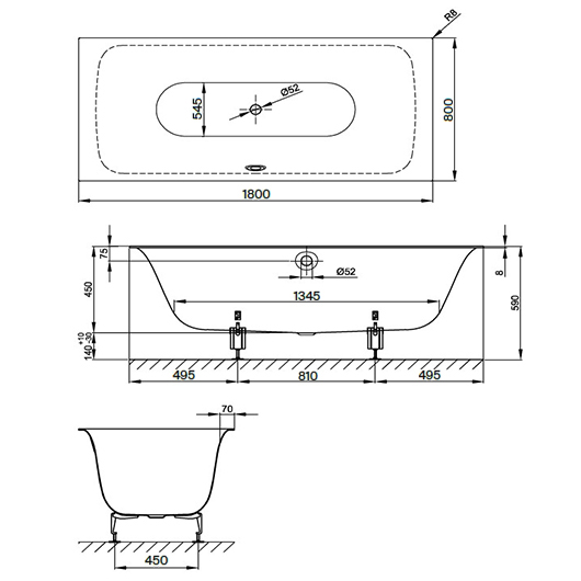 Ванна Bette Lux 3441-000 PLUS (1800х800 мм) шумоизоляция, антигрязевое покрытие