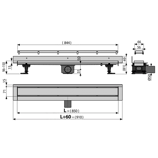 Водоотводящий желоб AlcaPlast APZ23-DOUBLE9-850 Fit and Go Wall (850 мм, с двусторонней решеткой, пристенный)