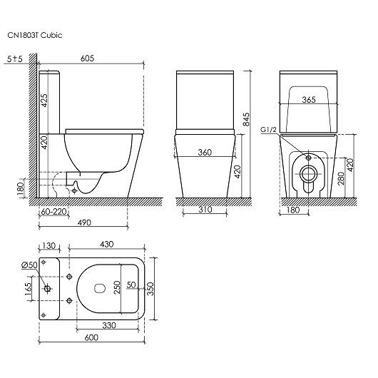 Чаша напольного унитаза Ceramica Nova Cubic Rimless CN1803T-B безободковая, система смыва Торнадо