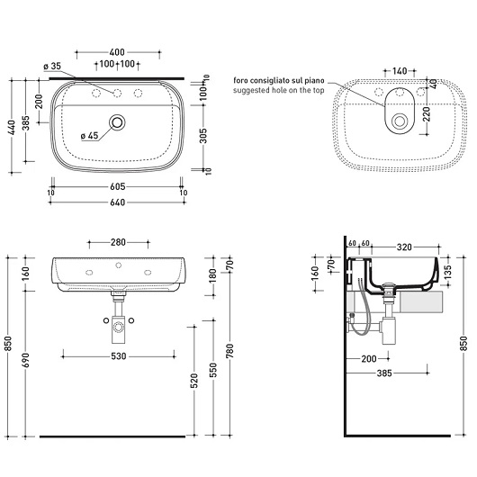 Раковина Flaminia Flag FG64L (640х440 мм, белая) без отверстия под смеситель