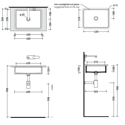 Раковина встраиваемая снизу Flaminia MiniWash MW48SP (430х310 мм, белая)
