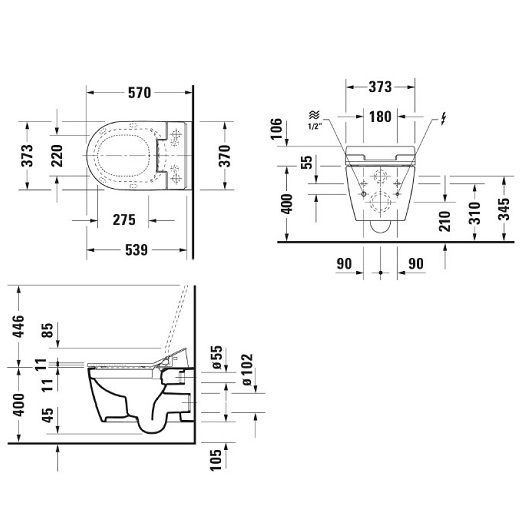 Чаша подвесного унитаза Duravit ME by Starck Rimless 2529590000 безободковая + Крышка-биде Duravit SensoWash Slim 611000002304300