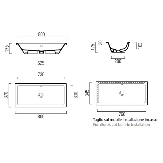 Раковина встраиваемая снизу/сверху GSI Kube X 895411 (800×370 мм) белая