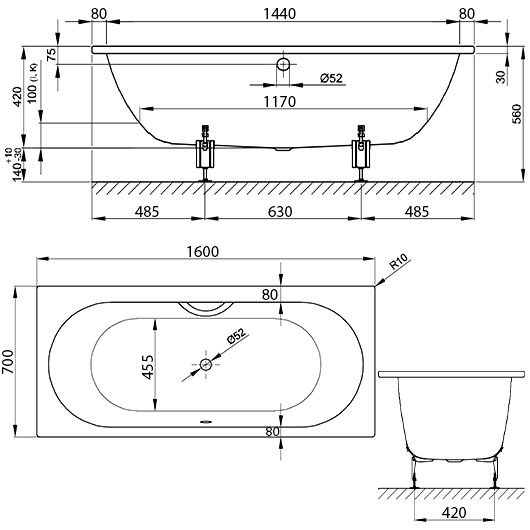 Ванна Bette Starlet 1220-000 AS (1600х700 мм) шумоизоляция, антискользящее покрытие Sense