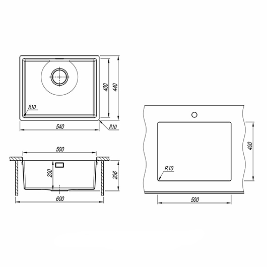 Мойка кухонная Florentina Оптима-Hm 500 OHM.500.400.B.10.S.10 (сатин, 540х440 мм)