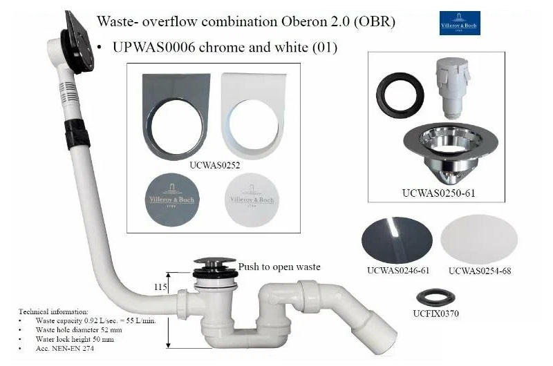 Слив-перелив для ванны Villeroy & Boch Oberon 2.0 UPWAS0006 хром/белый