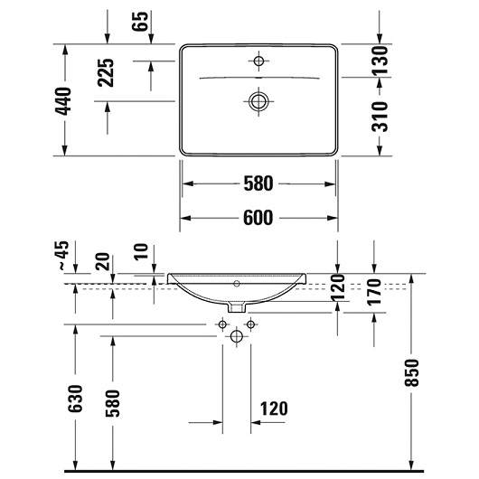 Раковина встраиваемая сверху Duravit D-Neo 0357600027(600х440 мм)