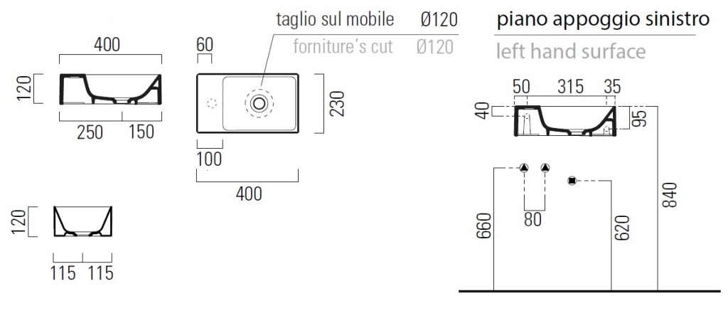 Раковина GSI Kube X 9484008 (400х230 мм) Creta Matt, без отверстия под смеситель