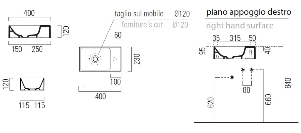 Раковина GSI Kube X 9484008 (400х230 мм) Creta Matt, без отверстия под смеситель